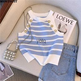 Women's Tanks Camis Halter Slim Striped Knitted Vs Women Crop Tops 2023 Summer Sleeveless Gold Buttons Knitwear Sexy Elegant Streetwear Vsyolq