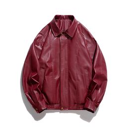 Schwarz Rot Kunstleder Jacke Mantel Männer Vintage Umlegekragen Raglanärmel Motorradbekleidung Mode Oversize Oberbekleidung 240112