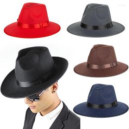 Berets Unisex Gentleman Fedora Hat British Flat Top Bow Decor Jazz Hats Wide Brim Elegant Classic Fashion Retro For Men Women