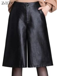 Black PU Leather Bermuda Shorts For Women Loose Long Motorcycle Punk High Waist Knee Length Femme 240113