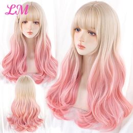 LM Long Natural Wavy Platinum Blonde Pink s with Bangs Cosplay Party Lolita Synthetic for Women Heat Resistant Fibre 240113