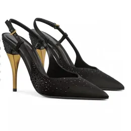 Modische Slingbacks für Damen mit Metallabsätzen, lässige Satin-Wasserdiamant-dekorative Sandalen, klassische spitze 8,5 cm hohe Luxus-Designer-Abendschuhe