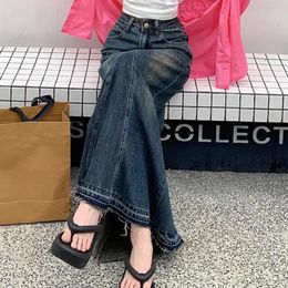 Skirts Women High-waisted Denim Skirt Retro A-line Maxi With High Waist Ripped Edge Women's Ankle Length Solid