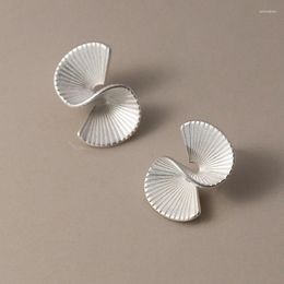 Stud Earrings Real 925 Sterling Silver Fold Texture Fan-shaped Spiral For Women Fine Jewellery Minimalist Accessories