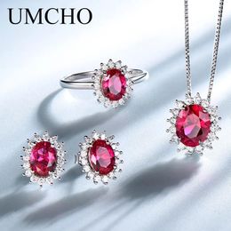 Necklaces Umcho Sterling Sier Nano Gemstone Jewelry Sets for Women Red Roses Rings Necklace Earrings Sets Romantic Engagement Gift