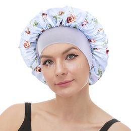 New Print Satin Rose Flower Print Bonnet Sleep Cap Wide Elastic Women Hair Care Beauty Makeup Hat Nightcap Wrap Head Hijab Caps