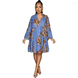 Ethnic Clothing Plus Size African Dresses For Women Spring Summer 2024 Africa Long Sleeve V-neck Print Knee-length Dress Dashiki