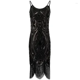 Casual Dresses Sexy Black Sequin Fringe Cami Dress Vintage Paisley Beaded Sleeveless Great Gatsby Flapper Women Little