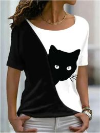 2022 Summer Women's Cat Theme Printed Painting Tee Shirts O-Neck Casual Female Tops Daily Pullover New T Shirt Design