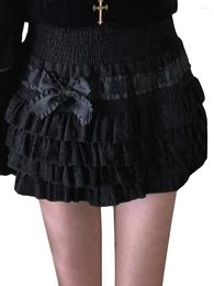 Skirts Women's Lolita Mini Cute High Waist Side Bow Layered Ruffle Hem A-Line Short