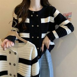 Women's Knits 2024 Plus Size French Contrast Striped Cardigan Long Sleeve Base Shirt Loose Spring Slim Lazy Knit Top