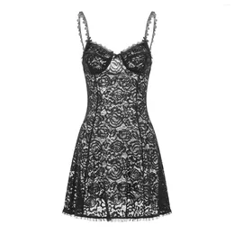 Casual Dresses Women's Cutout Lace Crochet Mini Dress See-Through Black Spaghetti Straps Party Cami Backless V-Neck A-line Slip