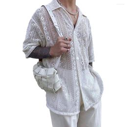 Men's Casual Shirts See Through Shirt Middle Sleeve Stylish Clubwear Transparent Lace Tops Ideal For Social Gatherings Or Outfit