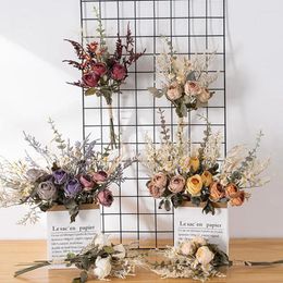 Decorative Flowers Bouquet Artificial Retro Silk Rose Hydrangea Peony For Home Table Display DIY Wedding Decoration Supply