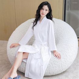 Women's Sleepwear White Women Bathrobe Summer Solid Kimono Long Sleeve Dressing Gown Casual Loungewear V-neck Bath Robe Ladies Nightgown