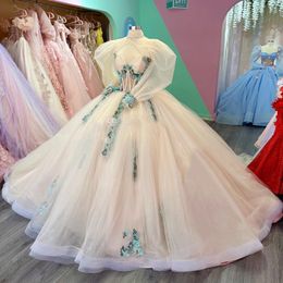 Beige Quinceanera Dresses Lace Applique Beads Tull Mexican Long Sleeved Prom Birthday Sweet 16 Dress Vestidos 15 De XV Anos