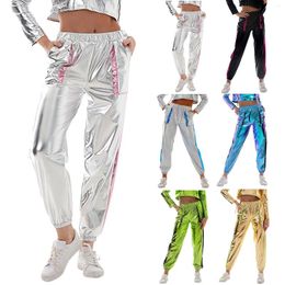 Women's Pants High Waist Shiny Color Block Wet Look Metallic Cargo Trousers Solid Legging Grease Short Leather Women