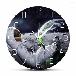 Wall Clocks Drinking Beer On Moon Clock Man Cave Room Home Decor Astronautics Modern Artwork Slient Sweep Watch