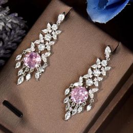 Dangle Earrings HIBRIDE Shiny White Cubic Zirconia Pink Round Drop For Brides Wedding Evening Party Costume Jewelry Accessories E-405