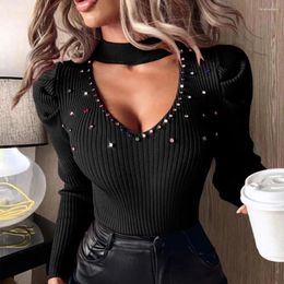 Women's Blouses Commuting Style Shirt Stylish Rhinestone Studded Knitwear V-neck Tops Hollow Out Sweater Slim Fit Blouse For Office Lady