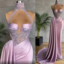 Sexy Sweetheart Long Satin Prom Dresses With Detachable Train Lace Appliques Beaded High Neck Special Occasion Gowns 2024 Women Formal Evening Dress