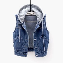 Denim Vest Women's Spring Autumn Clothes Sleeveless Wild Tops Short Hooded Jacket Women Jeans Female 240113