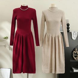 Casual Dresses Gagaok Half High Neck Knitted Dress Women Autumn Winter 2024 Style Waistband Slim Look Paired Bottom Vestidos