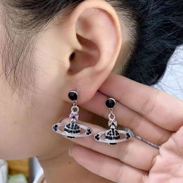 vivianeism westwoodism earrings earrings Classic Planet Earrings Earrings Black Crystal Full Diamond Saturn Trendy Earrings