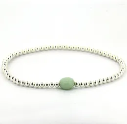 Link Bracelets Solid Sterling Silver&Amazon Stone Stretch Beaded Bracelet 7inches