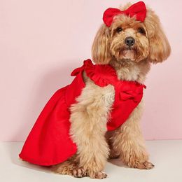 Dog Apparel Pet Bowknot Dress Cute Sweet Princess For Dogs Puppy Winter Warm Skirt With Hairpin Ruffle Edge Corduroy Clothing