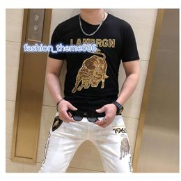 Short-sleeved T-shirt men's T-Shirts 2024summer new casual trend personality fashion Taurus embroidered hot diamond half-sleeved bottoming shirt