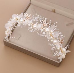 Pearls Gold Leaves Wedding Bridal Handmade Rhinestone Hairband Headband Luxury Hair Accessories Headpiece Fascinators 12 inches Lo4732328