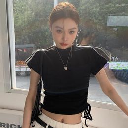 Women's T Shirts Lairauiy Y2K Crop Tops Striped Short Sleeve Crew Neck Side Drawstring Casual T-Shirts Summer Slim Fit Tee Streetwear
