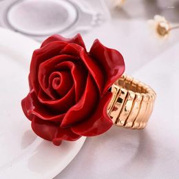 Cluster Rings 2024 Arrival Fashion Statement Finger Ring Red Colours Resin Rose Flower Gold-Color Adjustable For Women Wedding Party