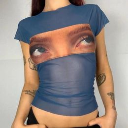 Women's T Shirts Funny Eyes Printed 2000s Aesthetic Mesh Crop Tops Grunge Clothes Vintage Harajuku Graphic Tee Y2k Streetwear