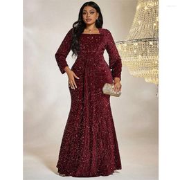 Ethnic Clothing Plus Size Square Neck Sequin Luxury Extra Long Glitter Evening Gown Big Women Wedding Banquet Wine Red Dress