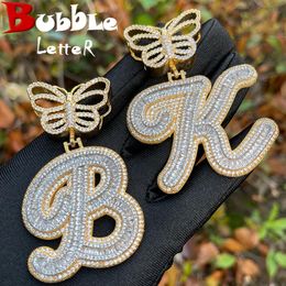 Necklaces Bubble Letter Initial Necklace for Women Iced Out Baguette Pendant Cursive Prong Setting Butterfly Bail Hip Hop Jewelry