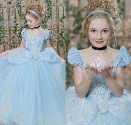 Pageant Dresses For Teens Short Cap Sleeve Pleats Sequins Lacing Sky Blue Kids Ball Gown Flower Girl Dress Tulle Girl Prom Dress9706022