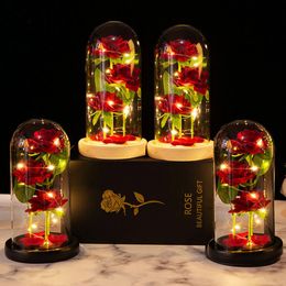 Glows in the dark Christmas Gift Box Artificial flowers Rose glass cover Valentine gift Gold roses Eternal love wedding decorati 240113