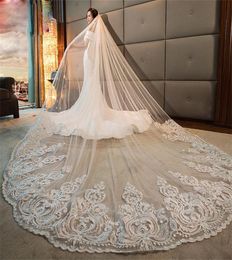 Gorgeous 4M One Layer Long Cathedral Ivory Wedding Veils Lace Trim Soft Tulle Wide Bridal Veil Accessories With Comb6287324
