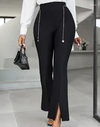 Women's Pants Women Chain Decor Long Elegant High Waist 2024 Spring Summer Daily Work Fashion Slit Female Clothing Casual