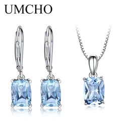 Necklaces Umcho Genuine Sterling Sier Sky Blue Topaz Jewelry Sets Pendant Necklace Drop Earrings for Women Wedding Fine Jewelry Gift