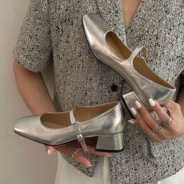 Dress Shoes Silver Mary Jane Lolita For Women 2024 Ankle Strap High Heels Thick Heel Patent Leather Party Cosplay