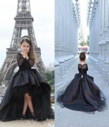 High Low Girls Flower Dresses Black Long Sleeve Pageant Dress For Kids A line Kids Formal Wear Birthday Party Communion Dresse4125353