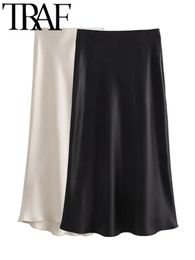 TRAF FANS Y2K Casual Women Maxi Long Skirt 2024 Spring Elastic High Waisted ALine Female Satin Skirts Jupe Beige 240113