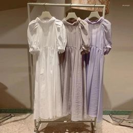 Party Dresses Kuzuwata 2024 Summer Women Vestidos Half High Collar Puff Sleeve Loose Japanese Pleated Solid Femme Robe