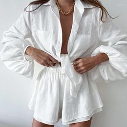 Women's Sleepwear Summer Linen Ruffle Shorts Pajamas Sets Women 2 Pieces Lantern Sleeve Tops Loose Elastic Waist Suits Vacation