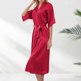 Women's Sleepwear Long Silky Satin Bathrobe Soft Solid Color Lace Up Bride Bridesmaids Women House Coat Kimono Robe Lingerie