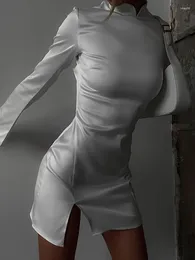 Casual Dresses Retro Elegant White Satin Long Sleeve Half-high-collar Women Open Back Zipper Black Split Slim Female Robe Vestidos
