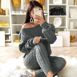 Women's Two Piece Pants Large Autumn Winter Cotton Tracksuit Women 2 Sweater Top Knitted Suit O-Neck Knit Set Outwear Ropa De Mujer